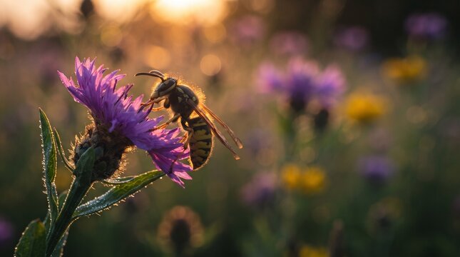 Honey Bee Foraging on Purple Flower in Natural Garden Setting
