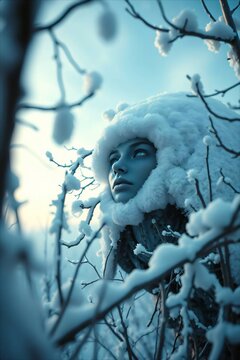 Woman in Furry Hat Amidst Snowy Winter Branches.