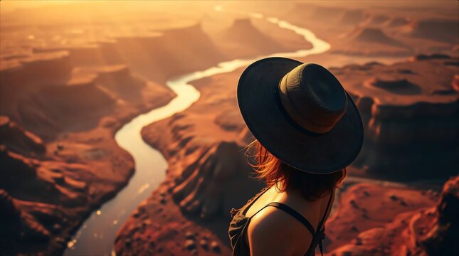 Woman in hat overlooking winding river canyon at sunset.