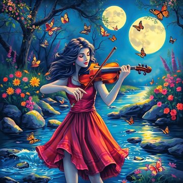 Woman playing violin in a magical moonlit garden.