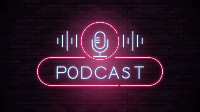 Neon Podcast Sign with Microphone Icon Glowing on Dark Brick Wall Background