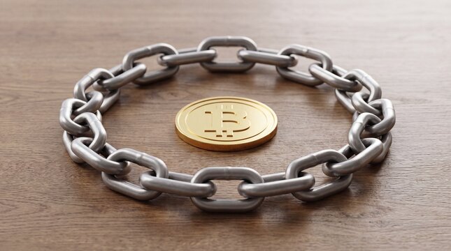 Blockchain network concept with linked metal elements