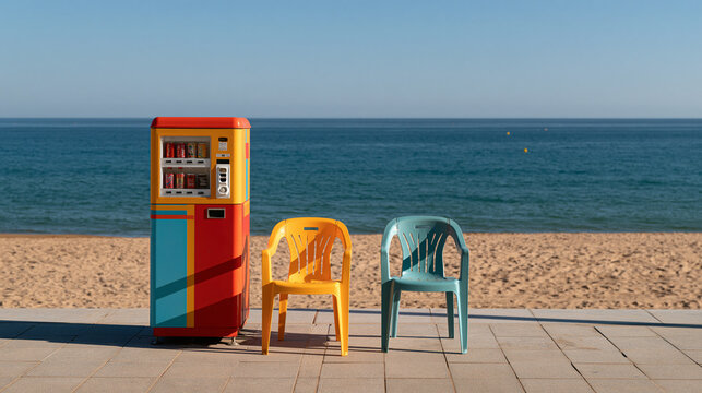 Vintage-style colored vending machine paired with matching plastic chairs standing on a paved promenade beside an empty sandy beach and calm ocean, retro coastal lifestyle