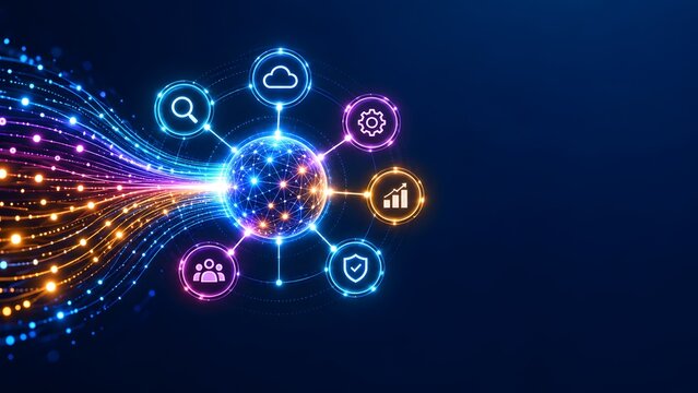 Glowing data streams connecting central network sphere to search, cloud, automation, analytics, security, and team icons in cyberspace