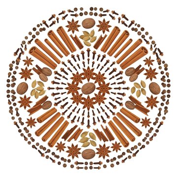 Circular mandala of spices with cinnamon sticks, star anise, cloves and nutmeg on white background