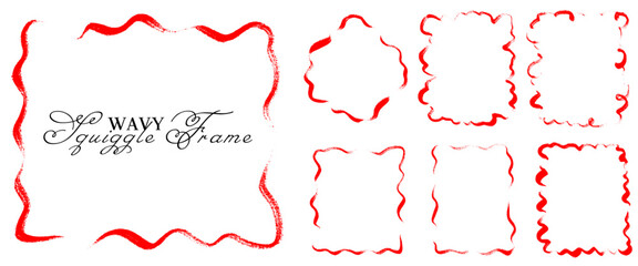 Fototapeta premium Red wavy border squiggle frame set. Hand drawn bright brush wave edge rectangle square oval wiggly corrugated shape. Bold love christmas holiday gift card texture background. Vector illustration