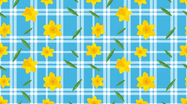 Seamless yellow daffodil floral pattern on light blue plaid background