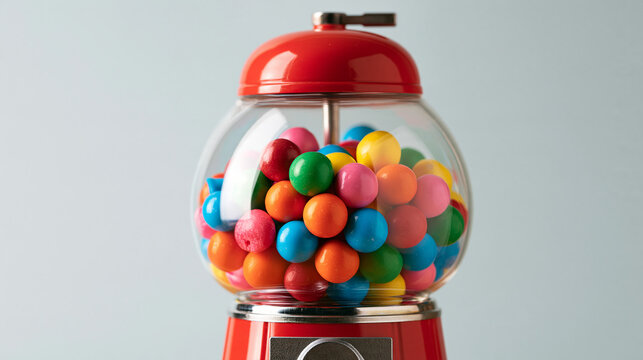 Classic red gumball machine filled with colorful round bubblegum treats, isolated nostalgic vintage-style candy dispenser, with copy space