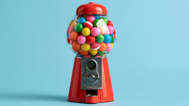 Classic red gumball machine filled with colorful round bubblegum treats, isolated nostalgic vintage-style candy dispenser, with copy space