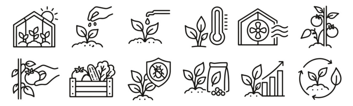 Greenhouse farming line icon set. Seedlings, irrigation, tomatoes and harvest linear vector illustration. Outline signs for crop nutrition, climate, pest control and greenhouse ventilation.