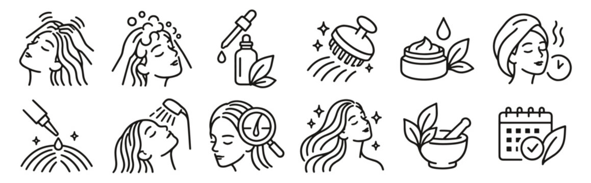 Scalp treatment line icon set. Massage, shampoo, serum and hair analysis linear vector illustration. Outline signs for hair care, cleansing, salon wellness and botanical masks and root nourishment.