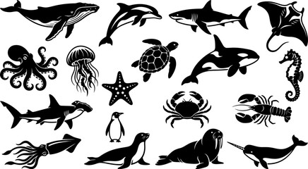 A comprehensive black and white vector illustration set featuring various marine animals and ocean life creatures © MD