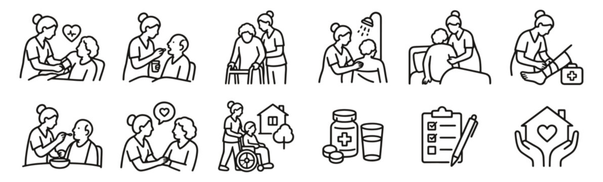 Elderly home care line icon set. Nursing, medication, bathing and mobility assistance linear vector illustration. Outline signs for senior health, caregiver support and medication monitoring.