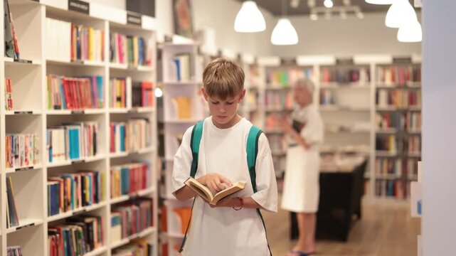 In bookstore teen boy choose book. New literature, bestseller, fantasy, drama, educational literature, business literature. Buyer examines contents of book, chooses reading material, exhibition and
