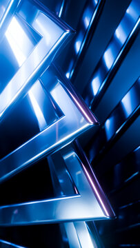 Abstract blue metallic geometric shapes with reflective surfaces