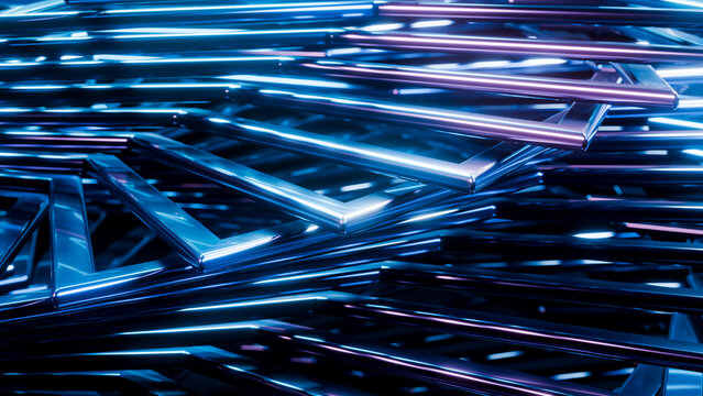 Stacked shiny metal frames glowing under blue and purple lights