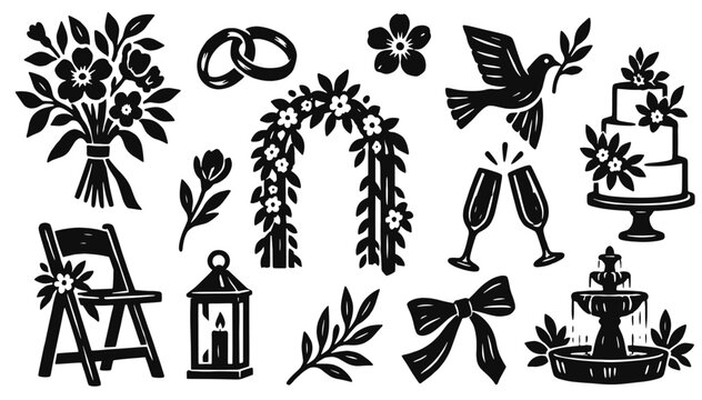 Garden wedding linocut icon set. Floral arch, bridal bouquet, rings, cake, champagne glasses, dove, lantern and fountain. Hand drawn black vector illustration in vintage woodcut print style.