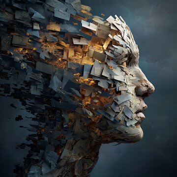 A fragmented, abstract human face composed of shattered, layered pieces dissolving into the background, blending realism and digital art in a surreal, dynamic composition.
