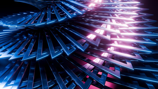 Abstract blue metallic geometric spiral with pink lighting