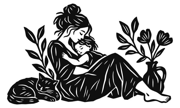 Motherhood linocut illustration. Seated woman cuddling sleeping child beside curled cat, leafy branches and flower filled vase. Hand drawn mother, black vector artwork in vintage woodcut print style.