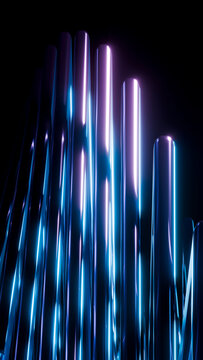 Abstract glowing vertical tubes with reflective surfaces