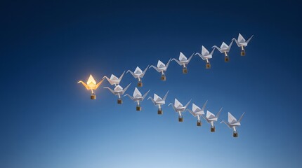 Obraz premium Golden leader guides paper crane flock, Leadership vision directs blue sky formation, Flying flock demonstrates strong teamwork strategy, Unique origami bird stands out inspire