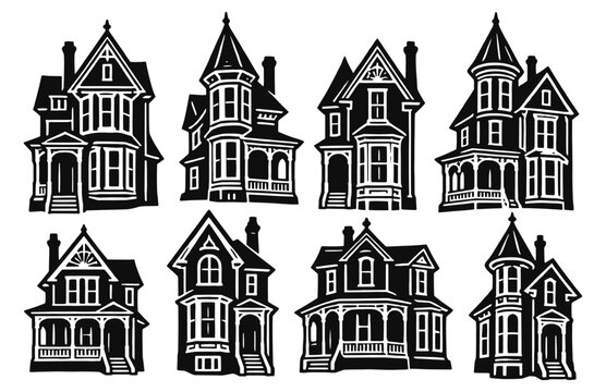 Victorian house linocut icon set. Ornate historic homes with pointed turrets, bay windows, covered porches and steep gables. Hand drawn black vector illustration in vintage woodcut print style.