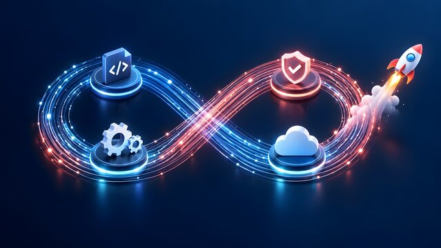 Glowing infinity loop with code, automation gears, security shield, cloud icons, and launching rocket for DevOps software deployment