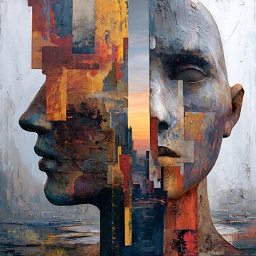 A surreal painting featuring two abstract human faces merged with colorful geometric cityscape elements at sunset.