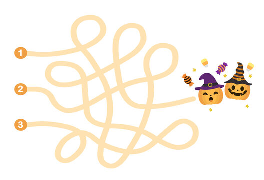 Halloween Maze Activity Worksheet. Halloween  maze game for kids with cute illustration. Kids labyrinth puzzle.
