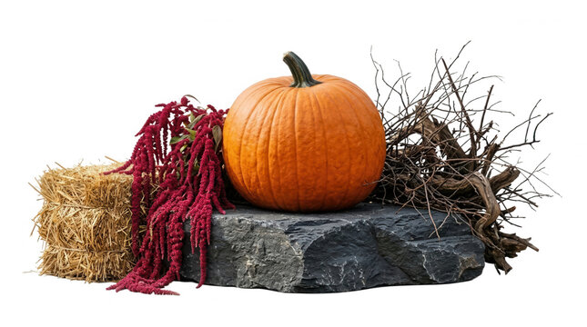 A vibrant orange pumpkin rests atop a textured stone slab, surrounded by bundles of dried red amaranth and straw bales, creating a rustic autumnal ambiance perfect for seasonal decorations