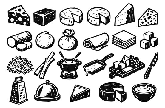 Cheese assortment linocut icon set. Dairy wheels, wedges, slices, fondue, melted raclette, serving board, grater and kitchen knife. Hand drawn black vector illustration in vintage woodcut print style.
