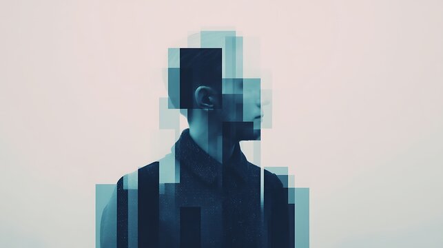 A digital art portrait of a man with fragmented, pixelated features, creating a glitch effect and abstract, layered visual style.