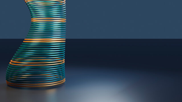 Colorful spiral metal coil sculpture with interlocked rings