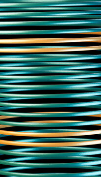 Coiled blue and orange electrical cables pattern on black background