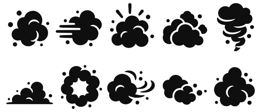 Dust cloud solid icon set. Puffs, smoky bursts, swirling particles and ground plumes in black glyph vector silhouettes for motion effects, comic action, impacts, animation and environmental graphics.