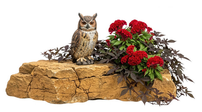 A decorative owl figurine perched on a rough-hewn stone surface, surrounded by vibrant red flowers and deep green foliage, creating a contrast of textures and colors