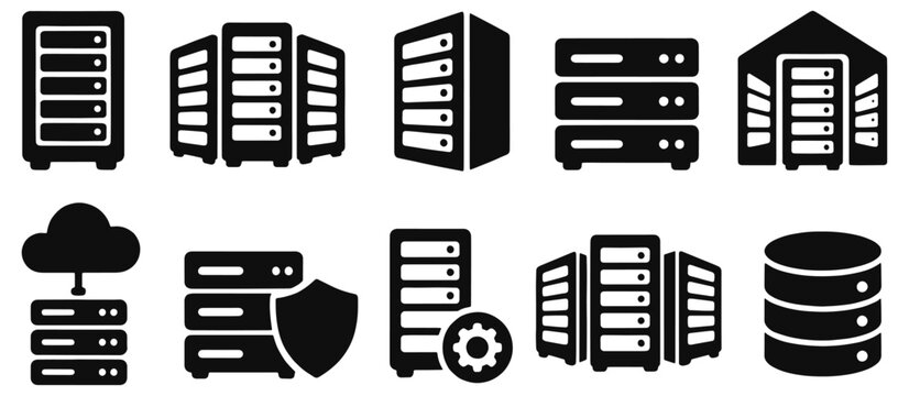 Server solid icon set. Data racks, cloud storage, database, shield and settings gear in glyph vector silhouettes for hosting, computing infrastructure, network administration and cybersecurity design.