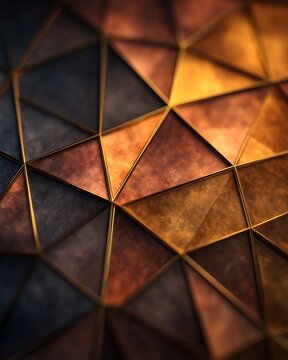 Abstract geometric pattern of metallic triangular shapes in warm bronze and dark tones with reflective surfaces and intricate textures.