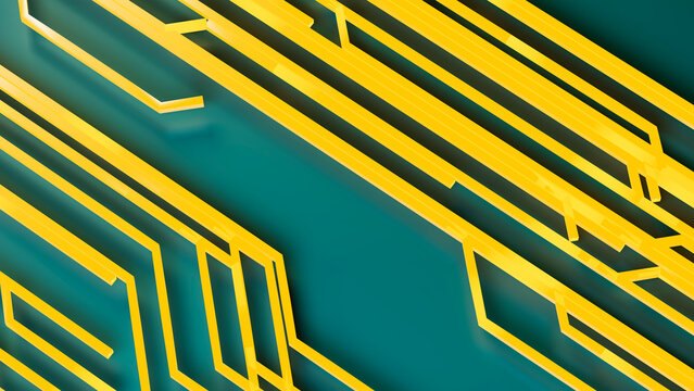 Abstract yellow lines on green background with geometric design