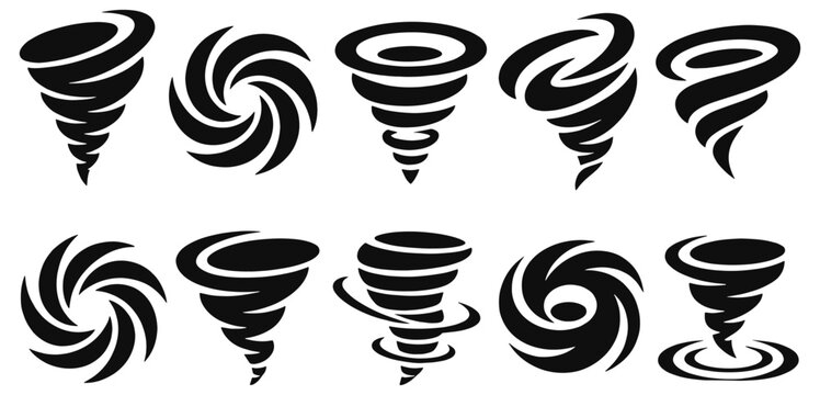 Vortex solid icon set. Spiraling funnels, tornadoes and swirling forms in glyph vector silhouettes for turbulent motion, storms, whirlpools, spinning effects, weather alerts and fantasy graphics.
