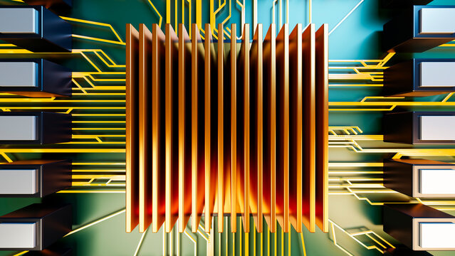 Close-up of computer chip heat sink on circuit board
