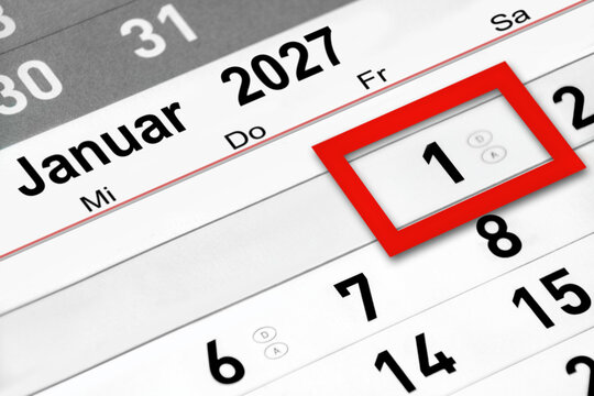 Deutscher Kalender  Datum 1. Januar 2027 Neujahr  schwarz rot