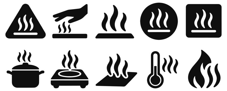 Hot surface solid icon set. Heat warning, hand, steaming cookware, burner, thermometer and flame in black glyph vector silhouettes for burn prevention, kitchen safety, heating and industrial signage.