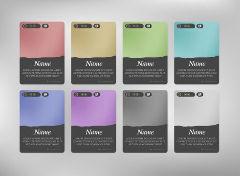 Fantasy trading card game template featuring eight colorful card variants, character panels, elemental icons, stats, name and description areas, and clean UI layouts for game design.