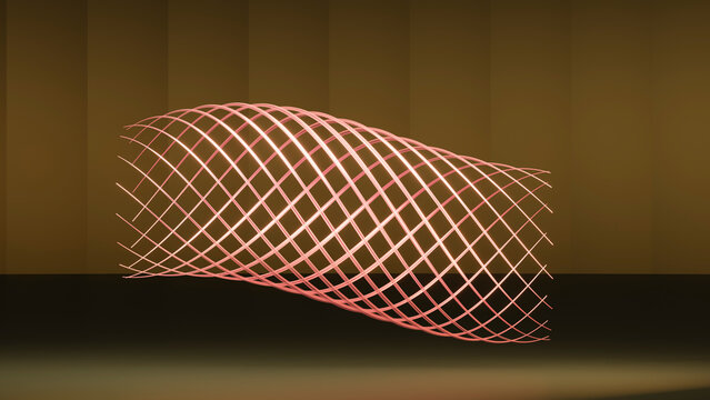 Abstract 3d pink wireframe tube twisting on brown background