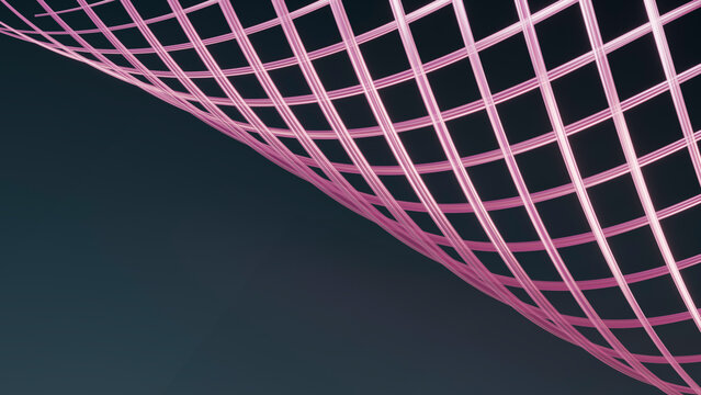 Pink lattice structure with curved grid pattern on dark background