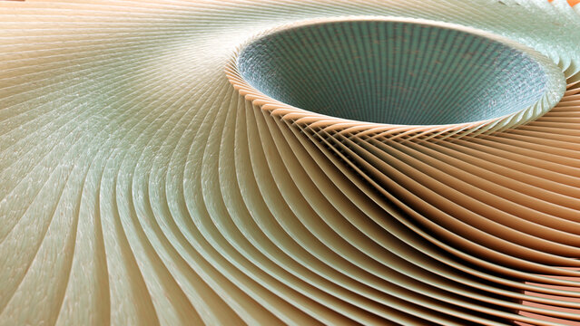 Abstract curved green and beige spiral pattern with textured lines