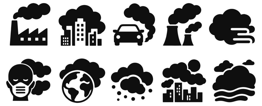 Smog solid icon set. Factory emissions, urban haze, vehicle exhaust, mask and polluted globe in black glyph vector silhouettes for air pollution, respiratory protection and environmental awareness.