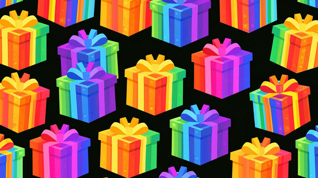 Tileable seamless pattern featuring rainbow-colored gift packages, festive celebration design, with copy space